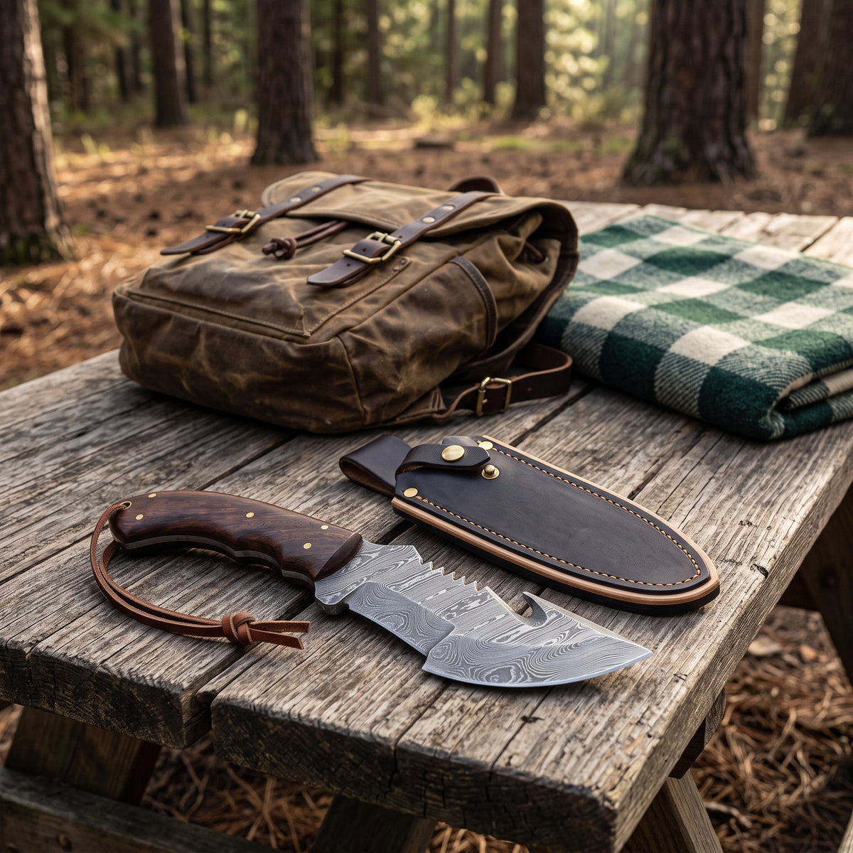 Timber 10.5" Damascus Tracker Knife | Rosewood, with the Crownridge sheath in use