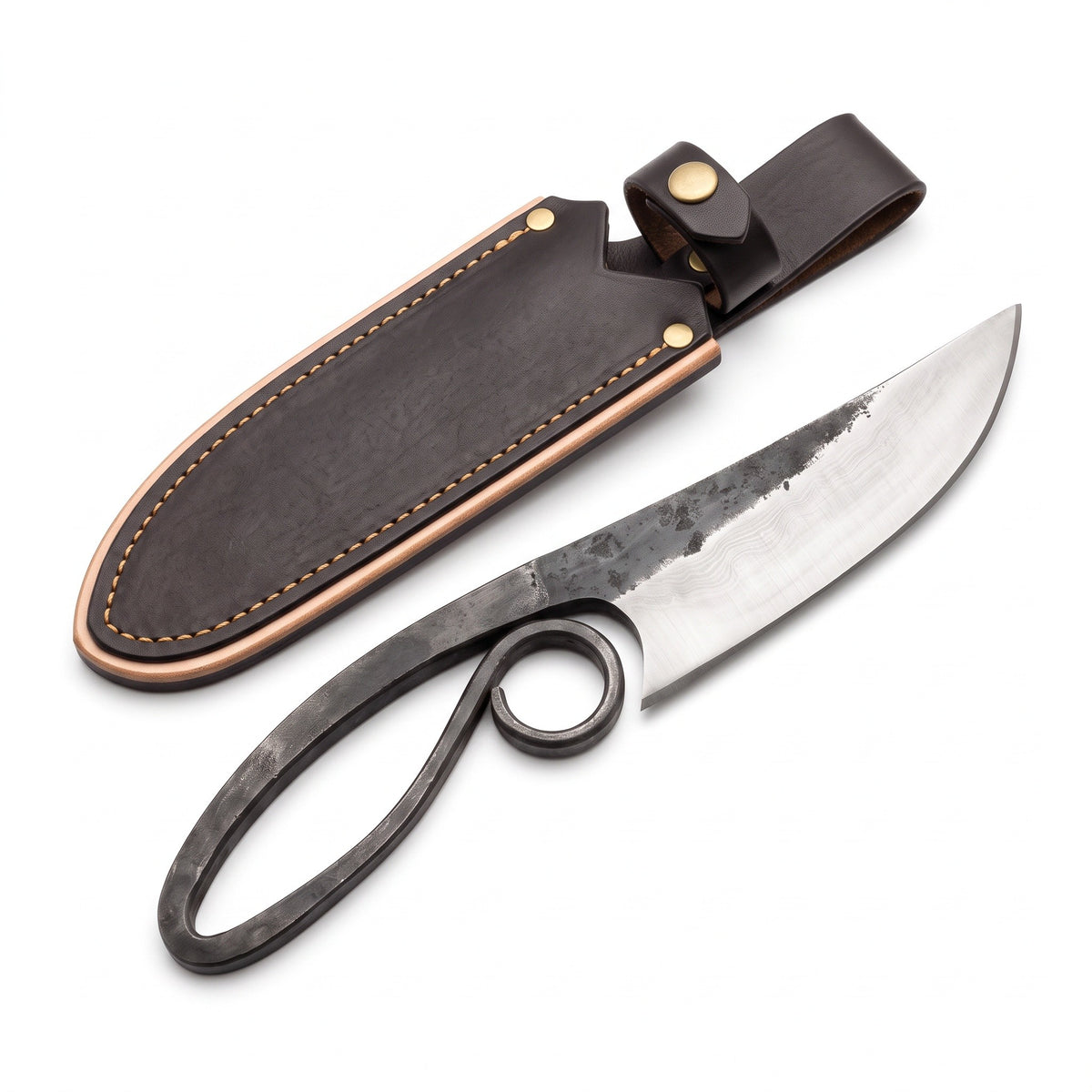 Timber 9.5" Damascus Viking Knife | Damascus Steel, three-quarter view with the Crownridge sheath