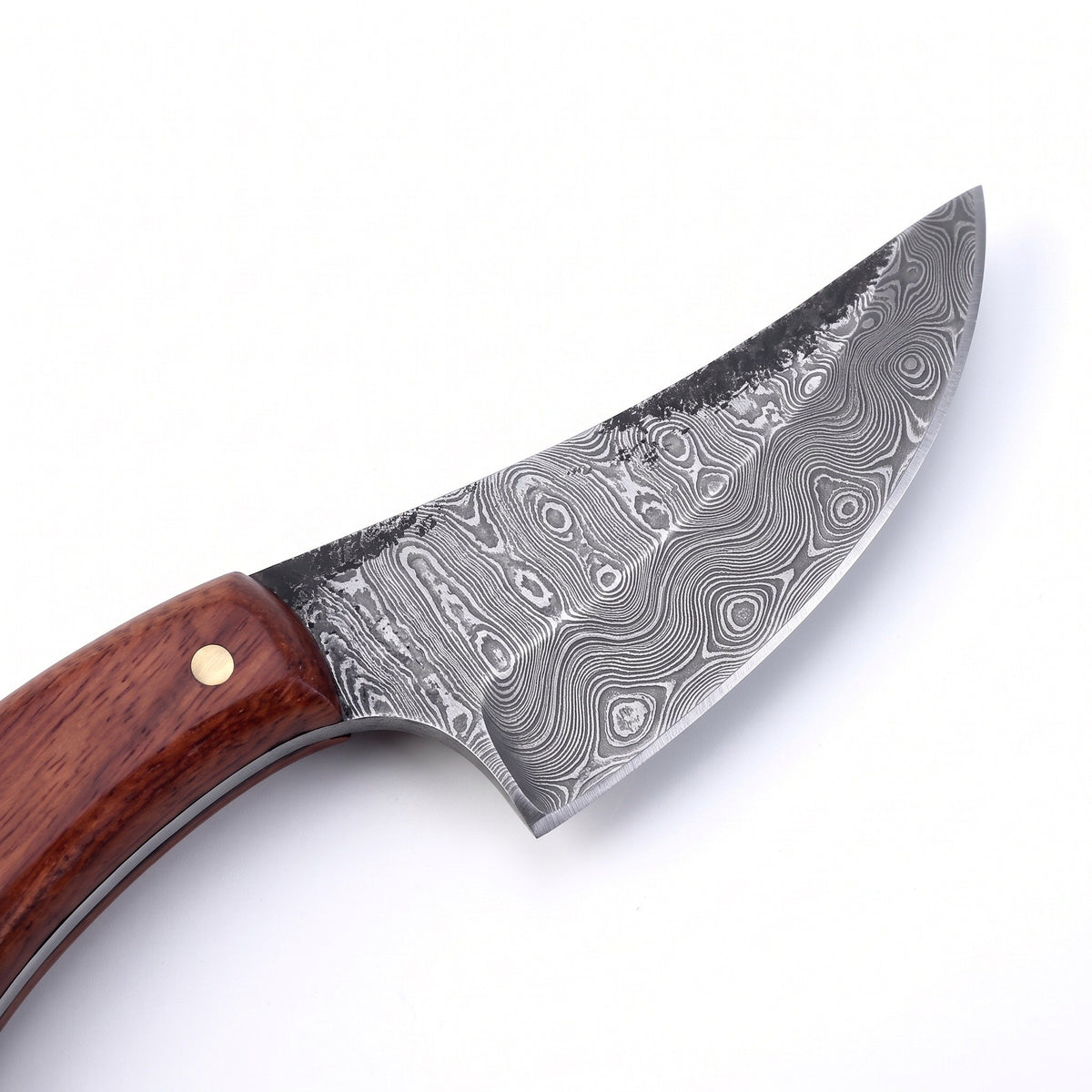 Timber 9.75" Damascus Camp Knife | Rosewood, Damascus blade close-up