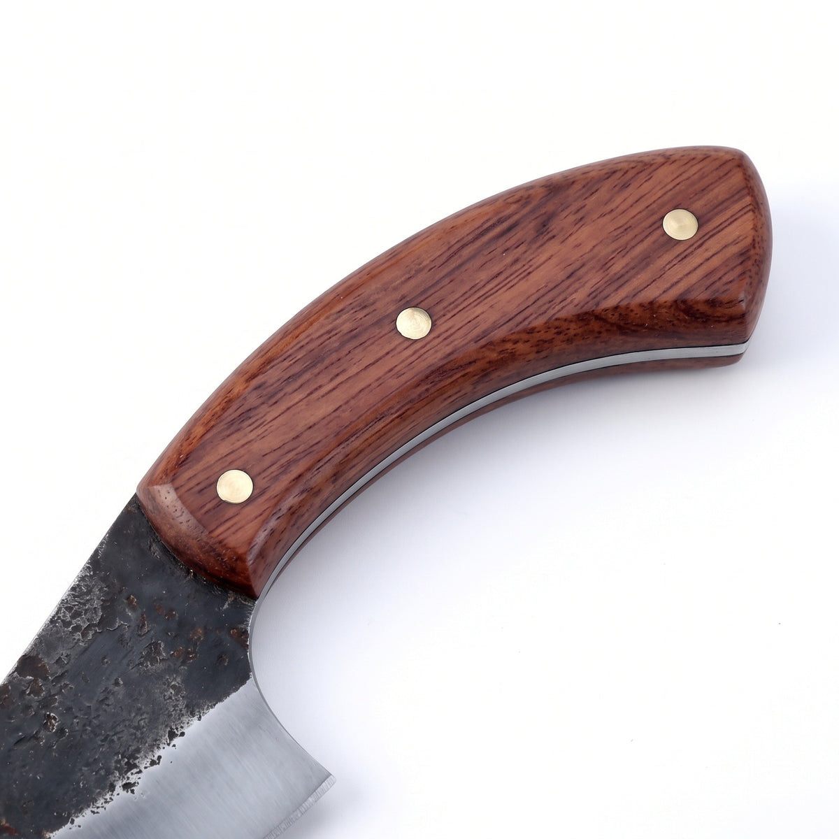 Timber 9.75" Damascus Camp Knife | Rosewood, handle and fittings close-up