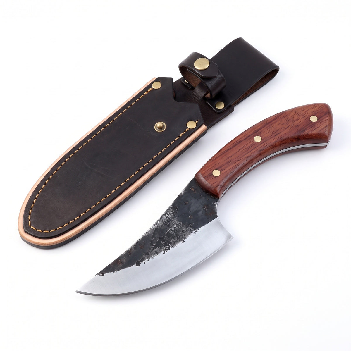 Timber 9.75" Damascus Camp Knife | Rosewood, three-quarter view with the Crownridge sheath