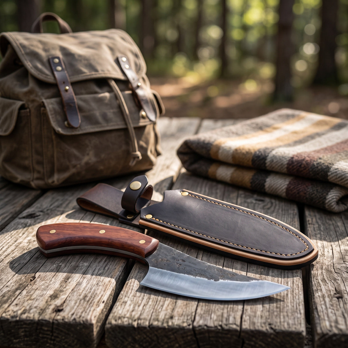Timber 9.75" Damascus Camp Knife | Rosewood, with the Crownridge sheath in use