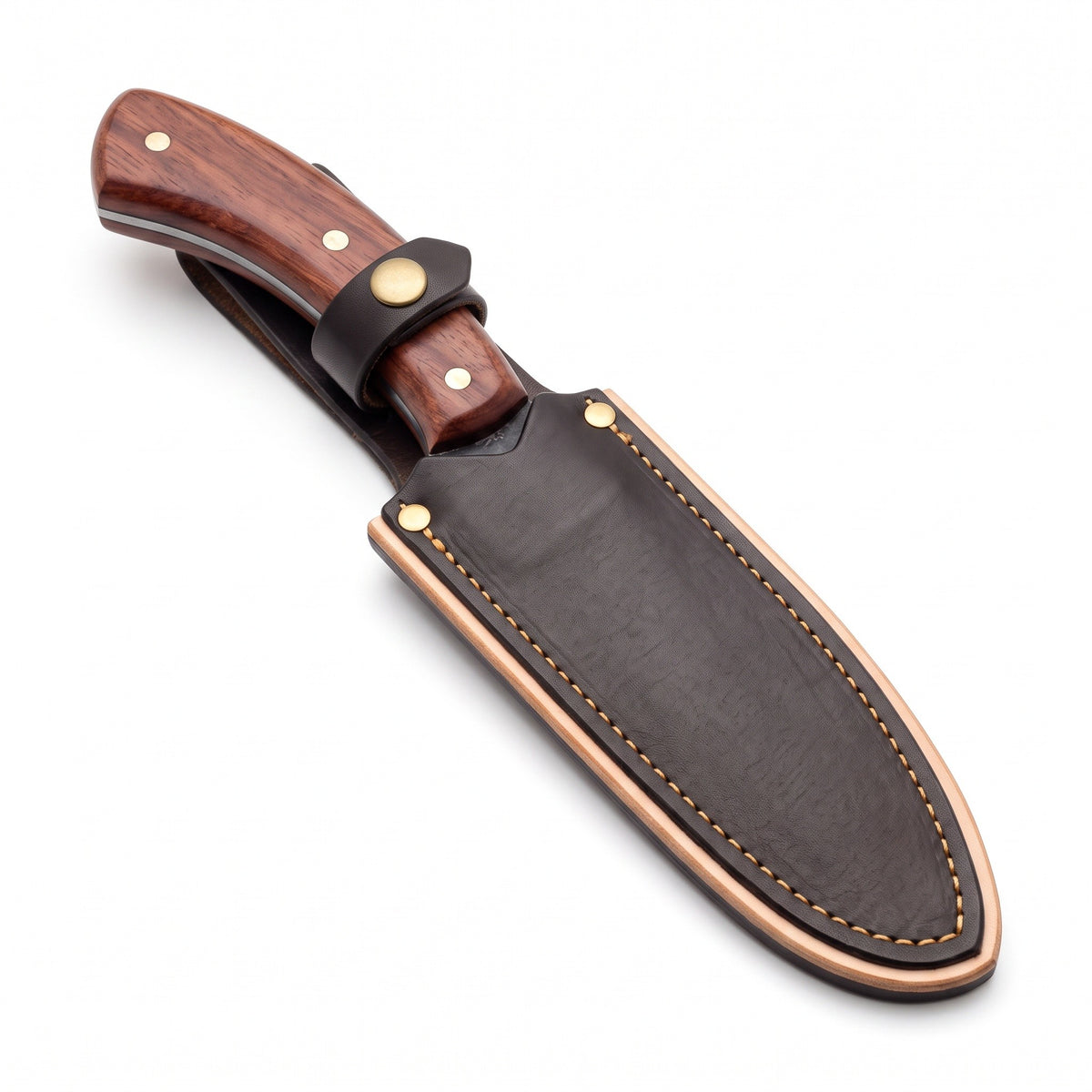 Timber 9.75" Damascus Camp Knife | Rosewood, seated in the Crownridge sheath