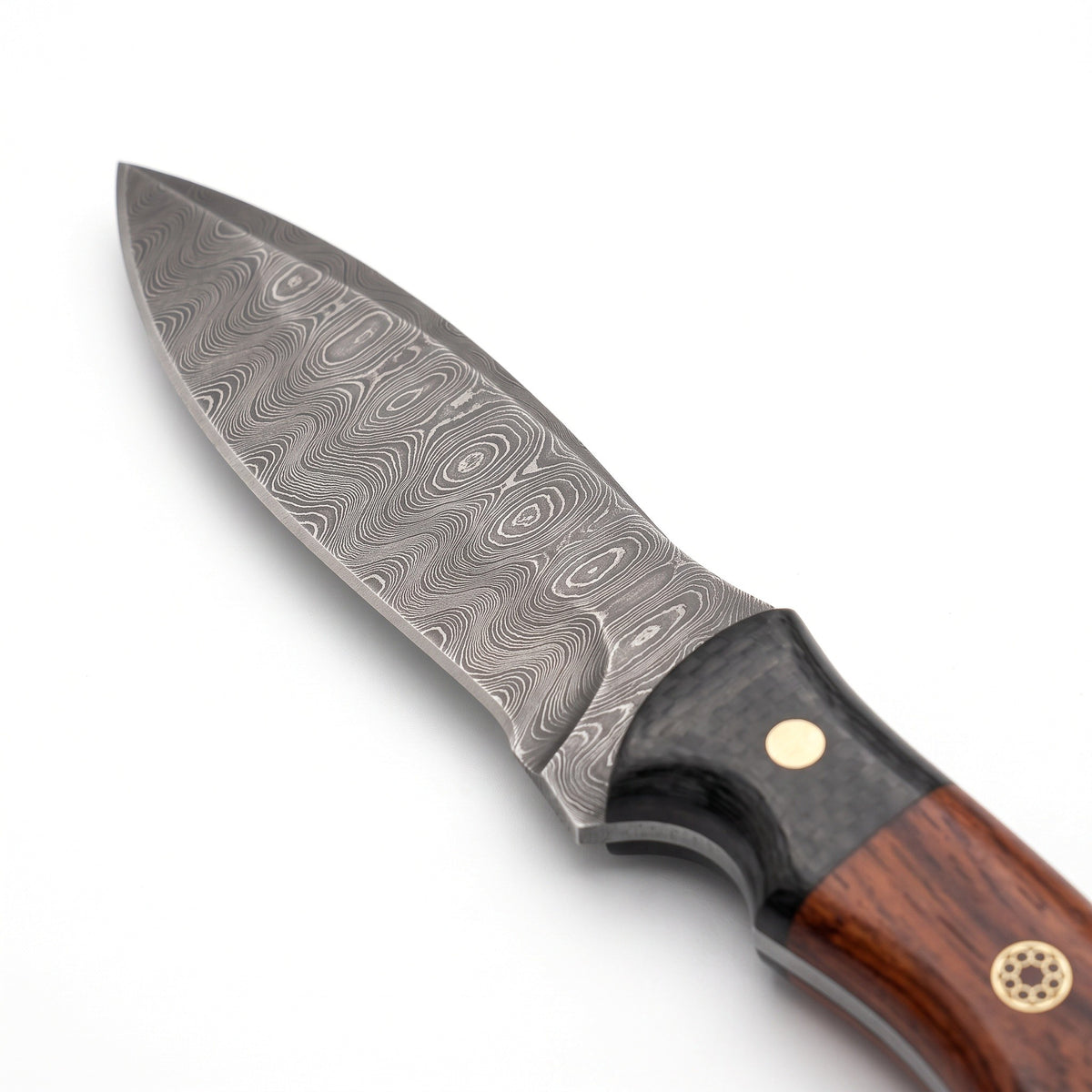 Timber 9" Damascus Bushcraft Knife | Rosewood, Damascus blade close-up