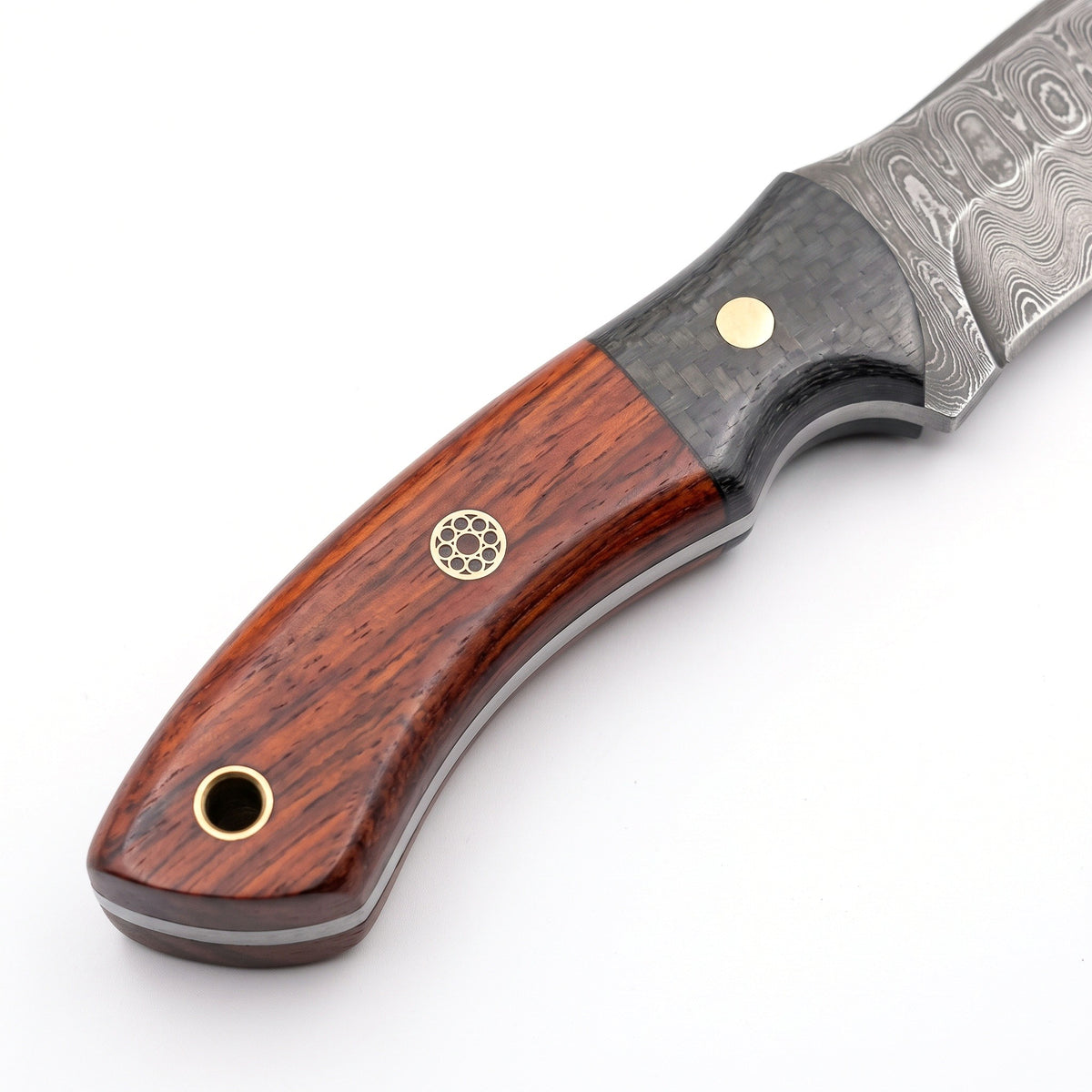 Timber 9" Damascus Bushcraft Knife | Rosewood, handle and fittings close-up
