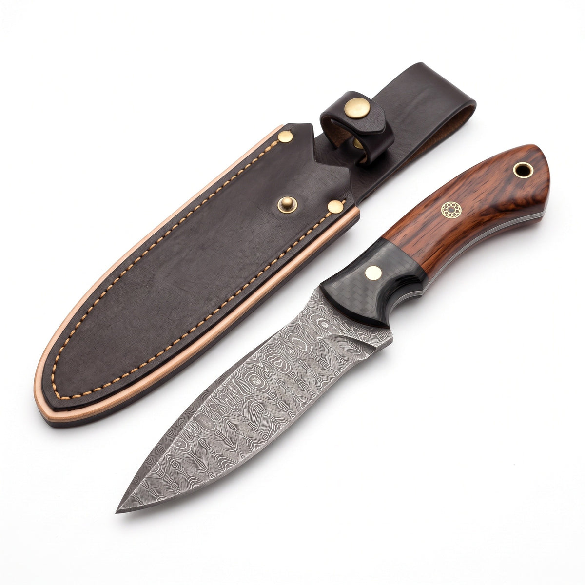 Timber 9" Damascus Bushcraft Knife | Rosewood, three-quarter view with the Crownridge sheath