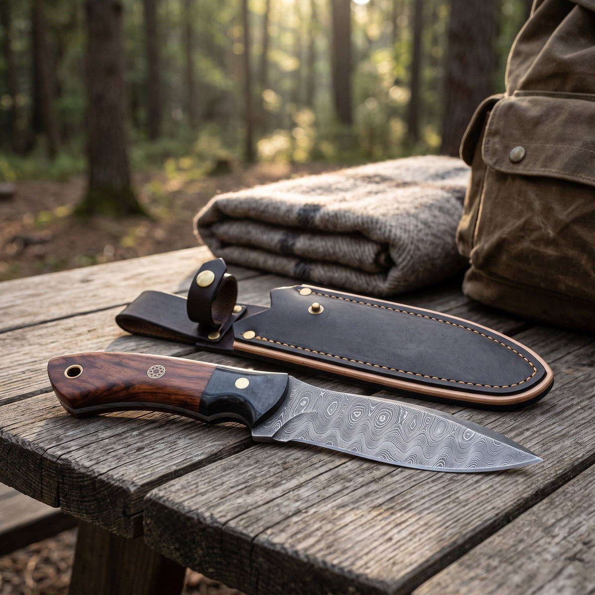 Timber 9" Damascus Bushcraft Knife | Rosewood, with the Crownridge sheath in use