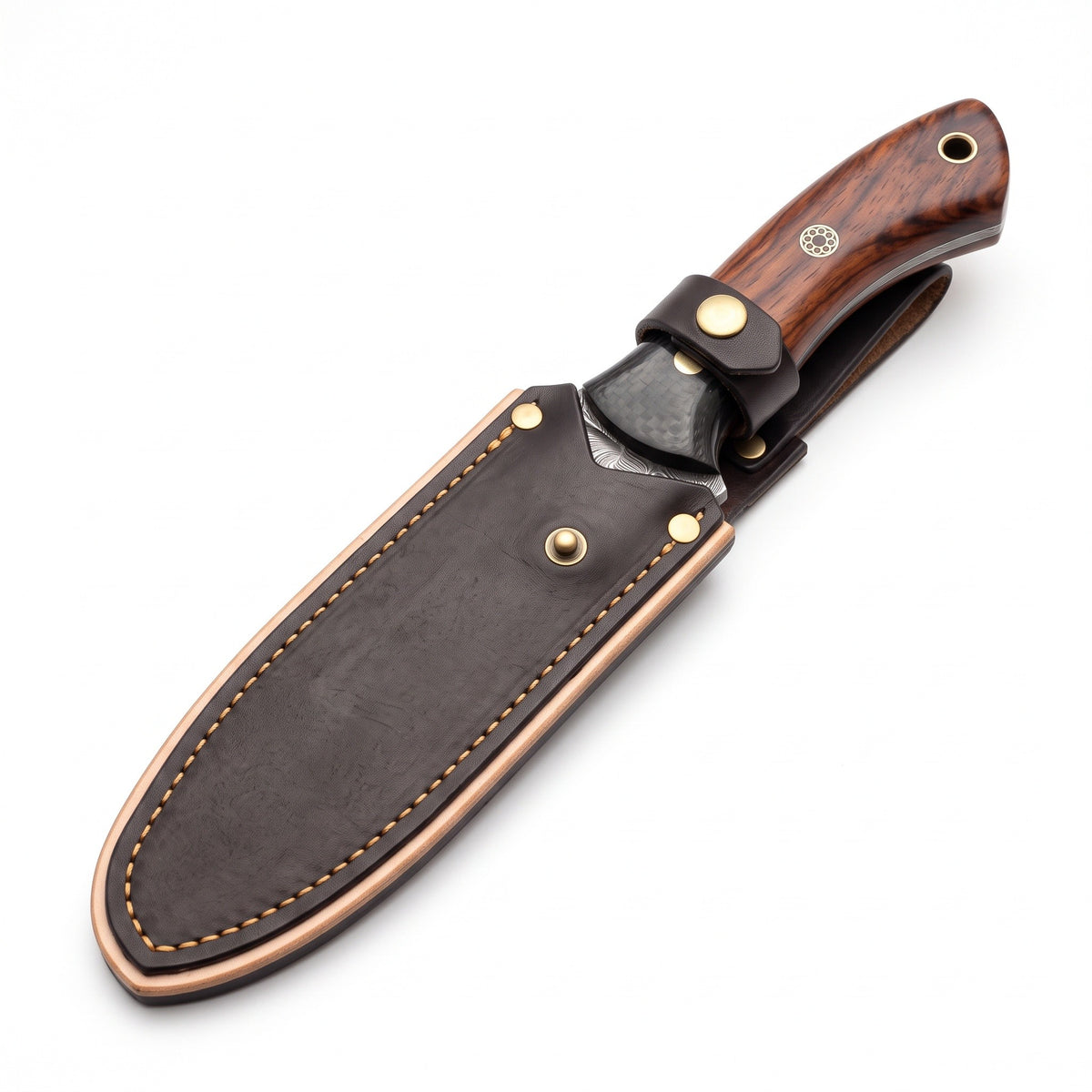 Timber 9" Damascus Bushcraft Knife | Rosewood, seated in the Crownridge sheath