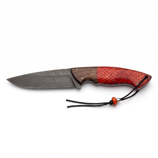 Trailhead 10" Damascus Skinning Knife | Red Resin & Walnut, side profile on white