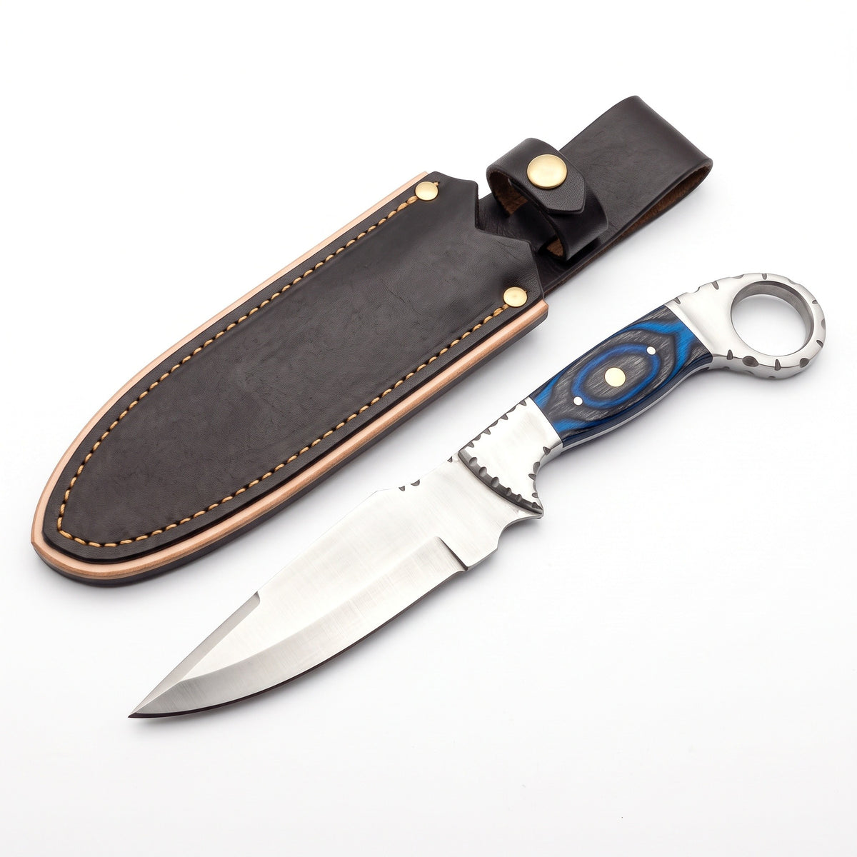 Trailhead 11" Carbon Steel Skinning Knife | Hardwood, three-quarter view with the Crownridge sheath