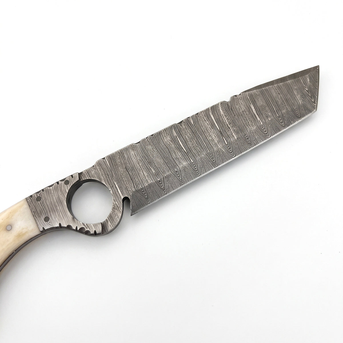 Trailhead 11" Damascus Skinning Knife | Bone, Damascus blade close-up