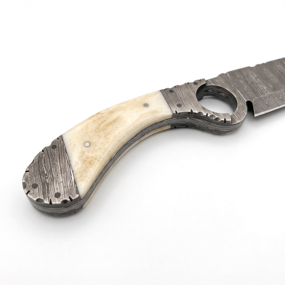 Trailhead 11" Damascus Skinning Knife | Bone, handle and fittings close-up