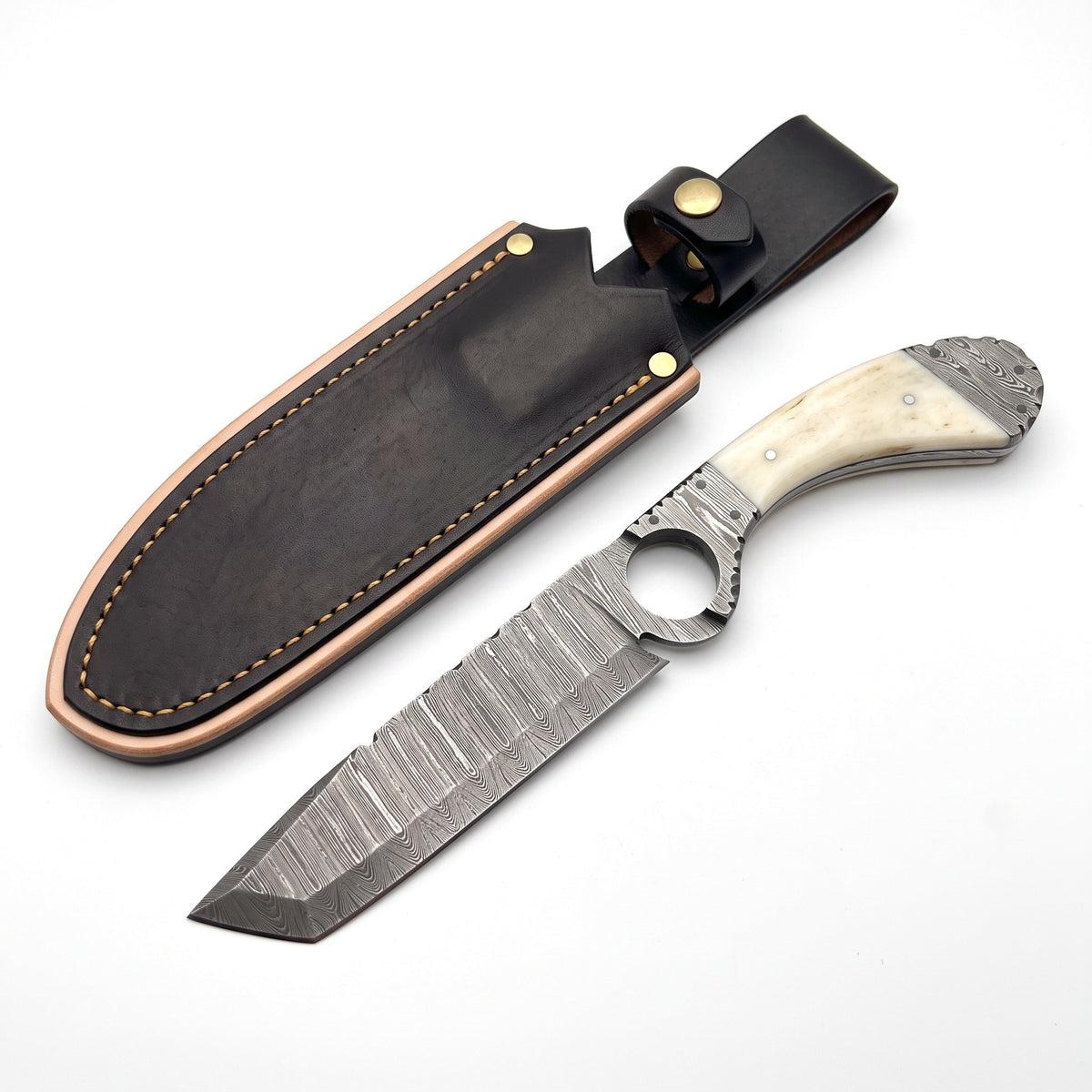 Trailhead 11" Damascus Skinning Knife | Bone, three-quarter view with the Crownridge sheath