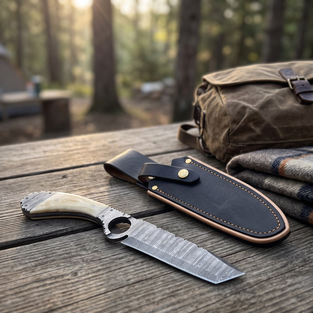 Trailhead 11" Damascus Skinning Knife | Bone, with the Crownridge sheath in use