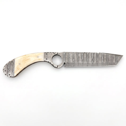 Trailhead 11" Damascus Skinning Knife | Bone, side profile on white