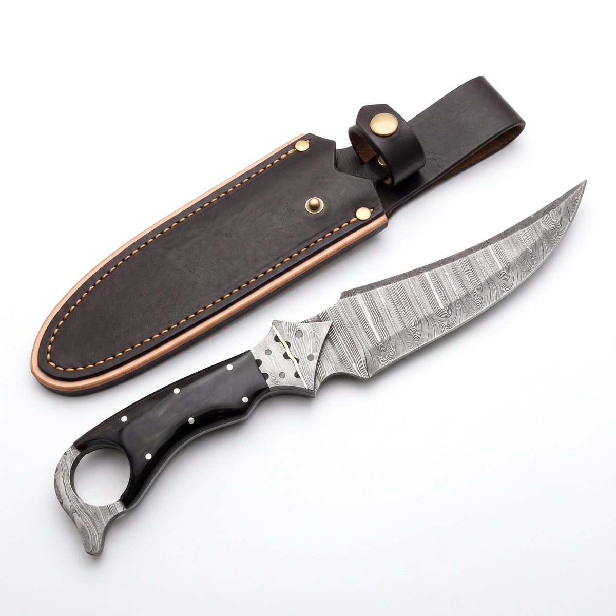 Trailhead 11" Damascus Skinning Knife | Buffalo Horn, three-quarter view with the Crownridge sheath