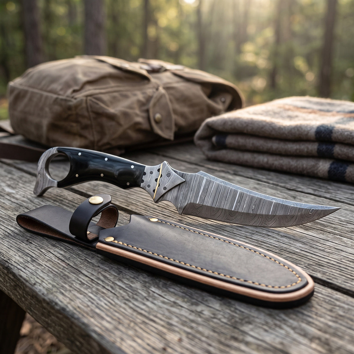 Trailhead 11" Damascus Skinning Knife | Buffalo Horn, with the Crownridge sheath in use