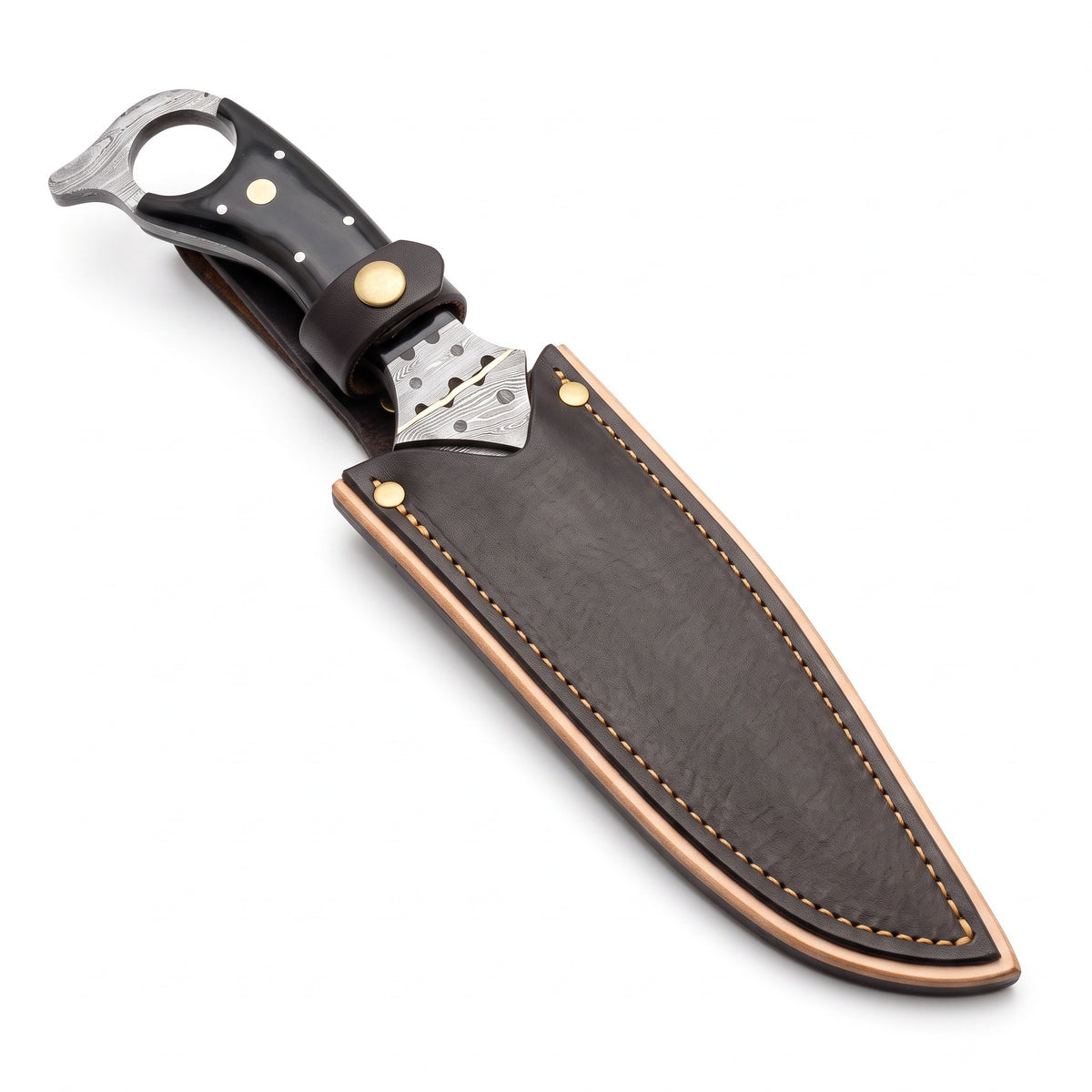 Trailhead 11" Damascus Skinning Knife | Buffalo Horn, seated in the Crownridge sheath