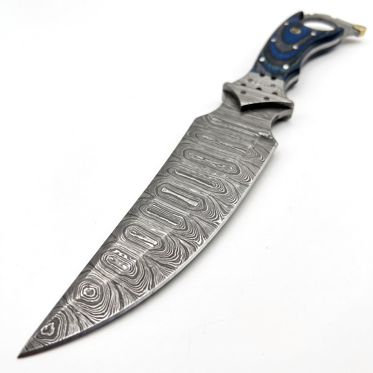 Trailhead 11" Damascus Skinning Knife | Dyed Wood, Damascus blade close-up