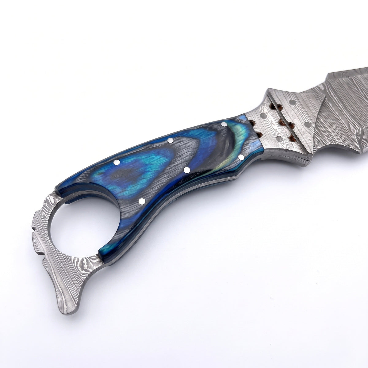 Trailhead 11" Damascus Skinning Knife | Dyed Wood, handle and fittings close-up