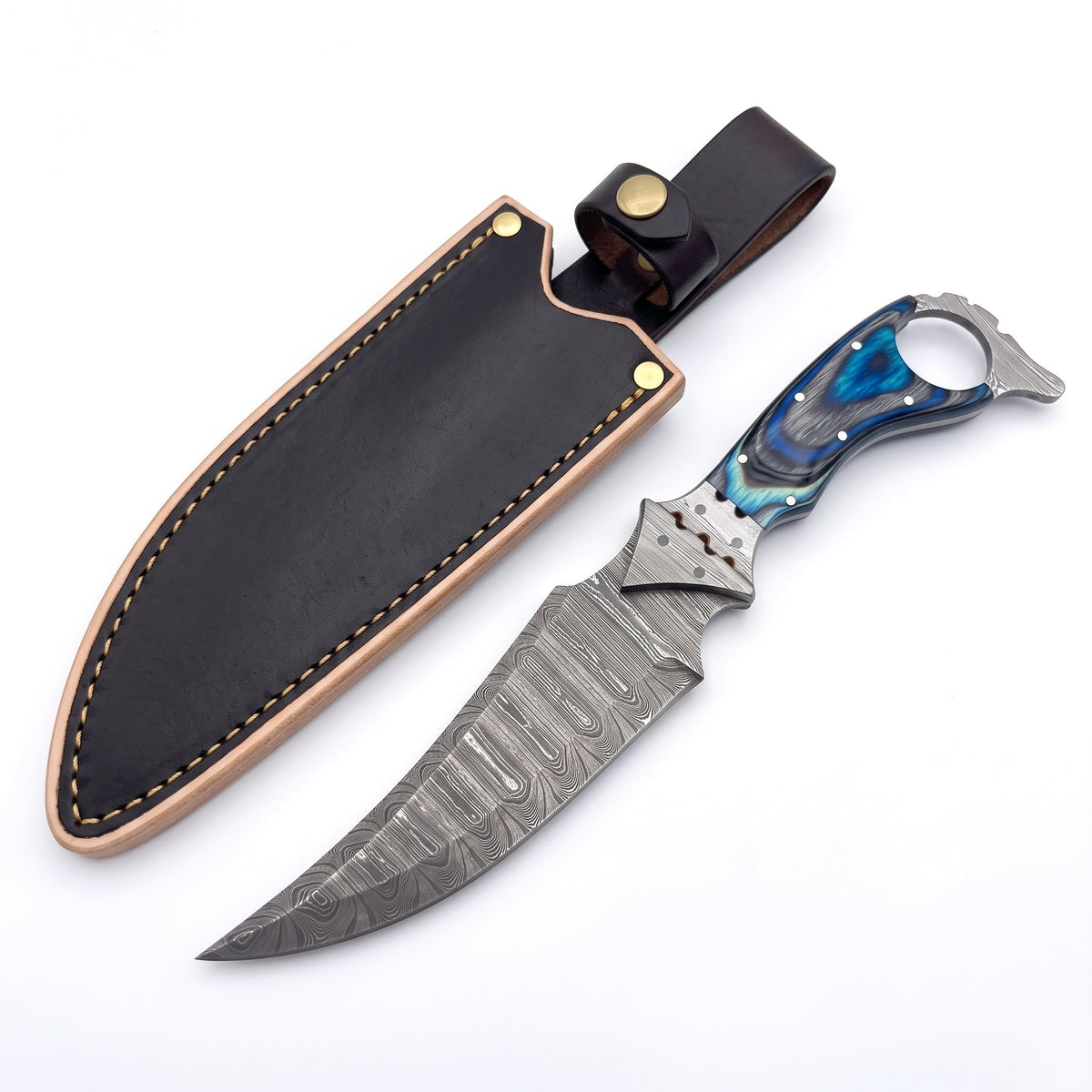Trailhead 11" Damascus Skinning Knife | Dyed Wood, three-quarter view with the Crownridge sheath