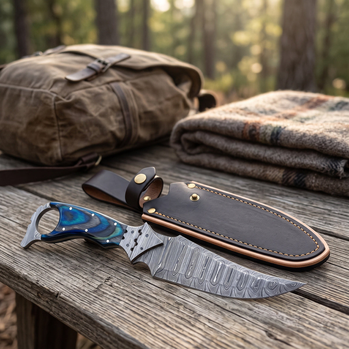 Trailhead 11" Damascus Skinning Knife | Dyed Wood, with the Crownridge sheath in use