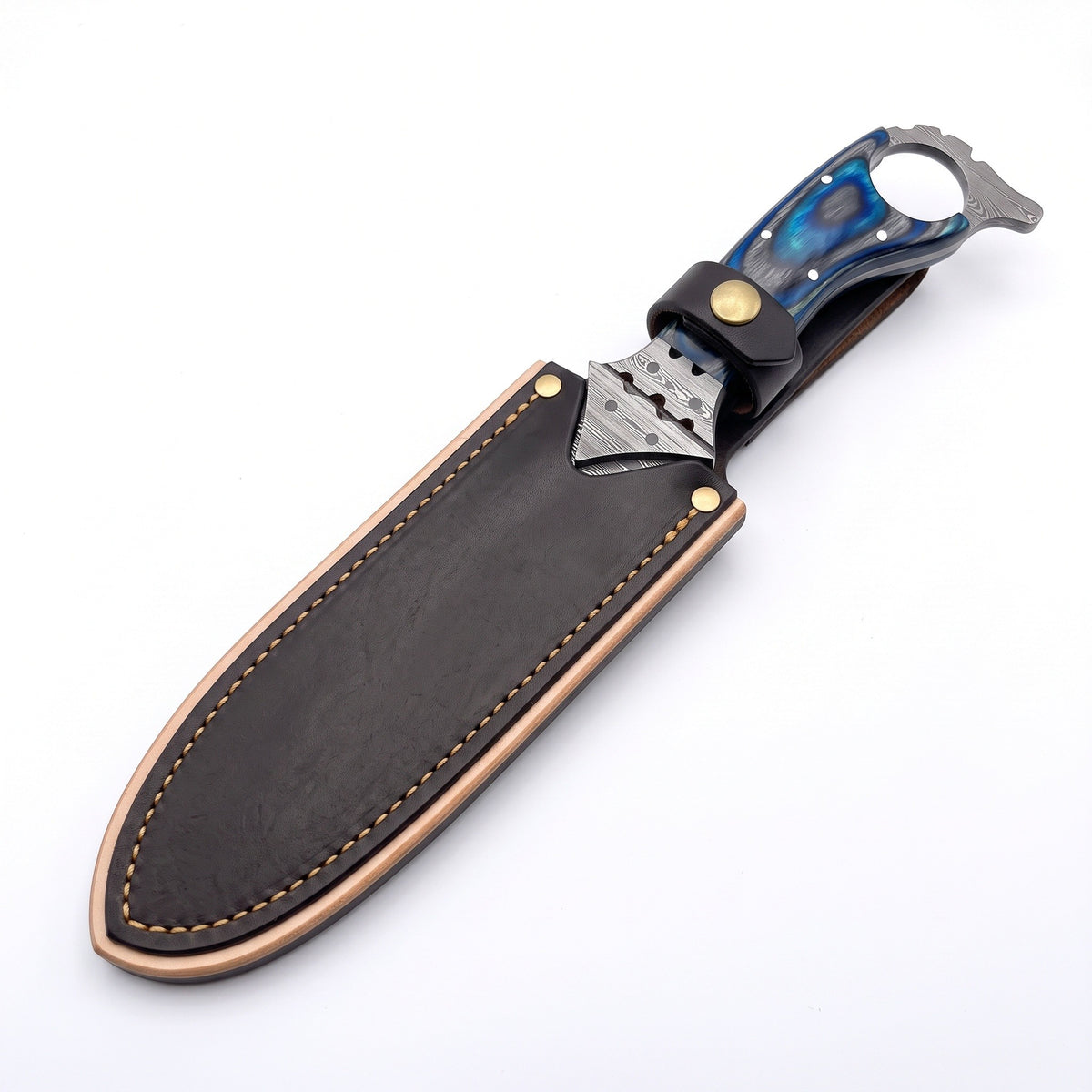 Trailhead 11" Damascus Skinning Knife | Dyed Wood, seated in the Crownridge sheath