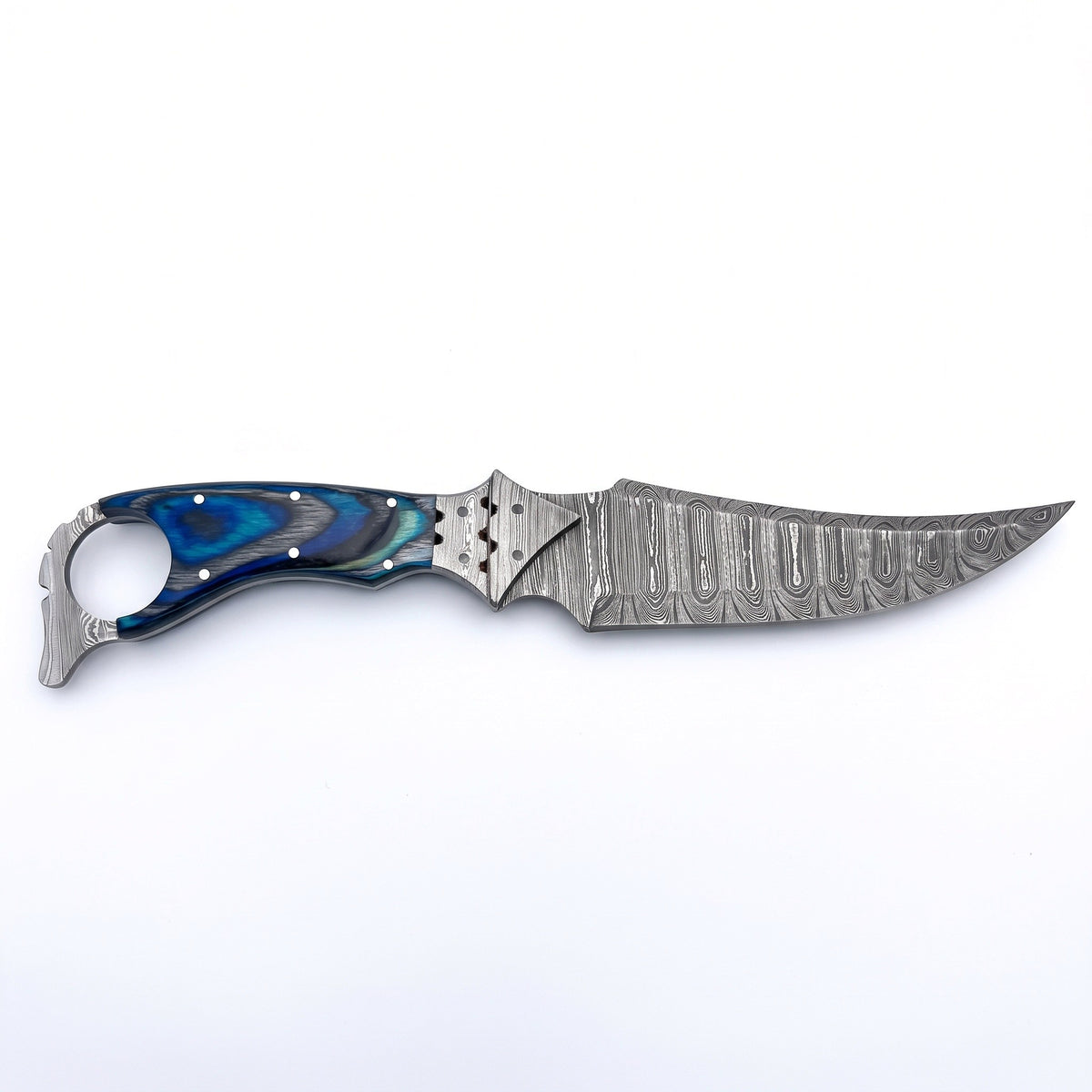 Trailhead 11" Damascus Skinning Knife | Dyed Wood, side profile on white
