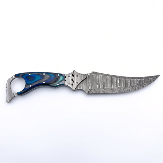 Trailhead 11" Damascus Skinning Knife | Dyed Wood, side profile on white