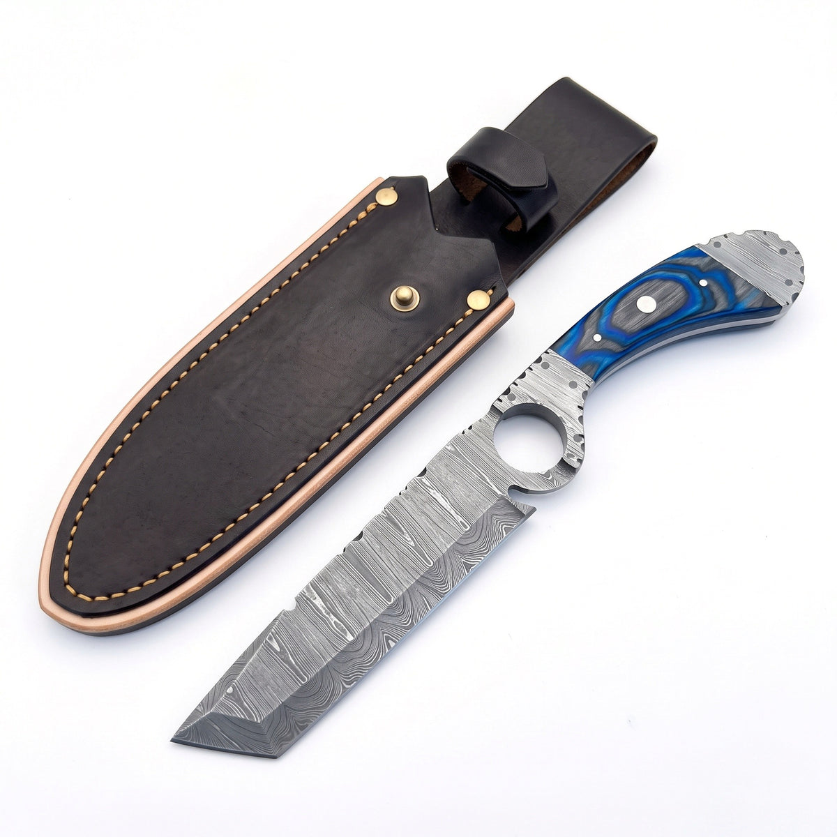 Trailhead 11" Damascus Skinning Knife | Hardwood, three-quarter view with the Crownridge sheath