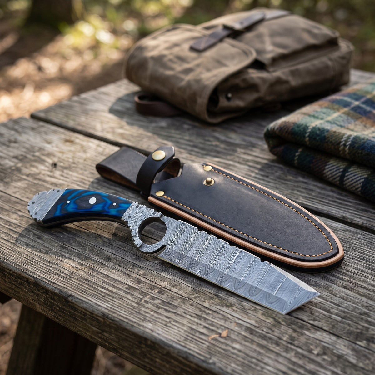 Trailhead 11" Damascus Skinning Knife | Hardwood, with the Crownridge sheath in use
