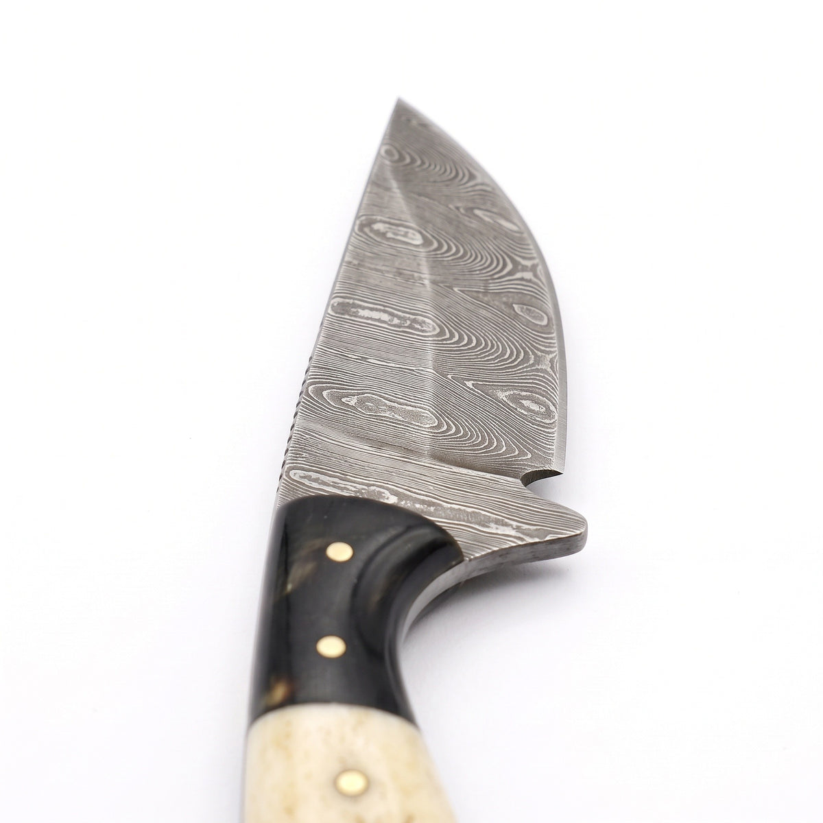 Trailhead 5.5" Damascus Neck Knife | Stag, Damascus blade close-up