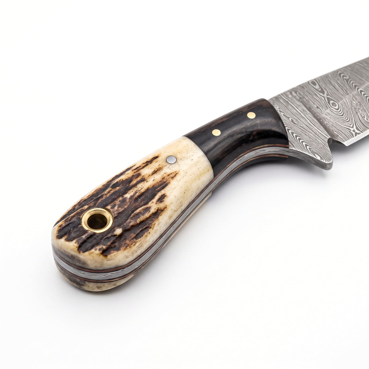 Trailhead 5.5" Damascus Neck Knife | Stag, handle and fittings close-up