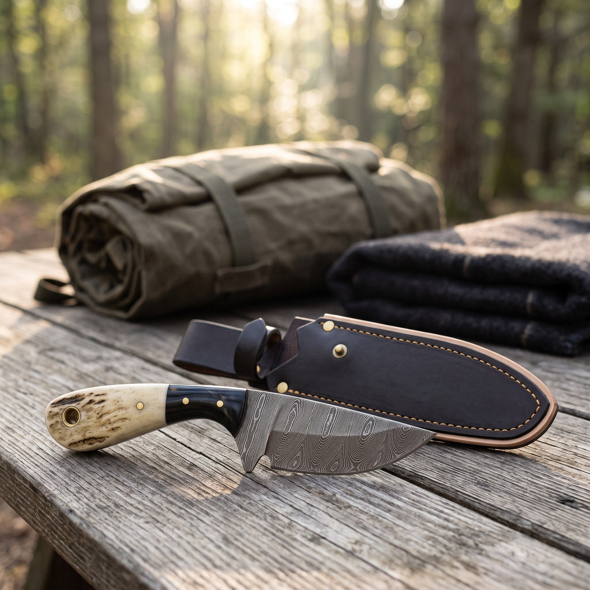 Trailhead 5.5" Damascus Neck Knife | Stag, with the Crownridge sheath in use