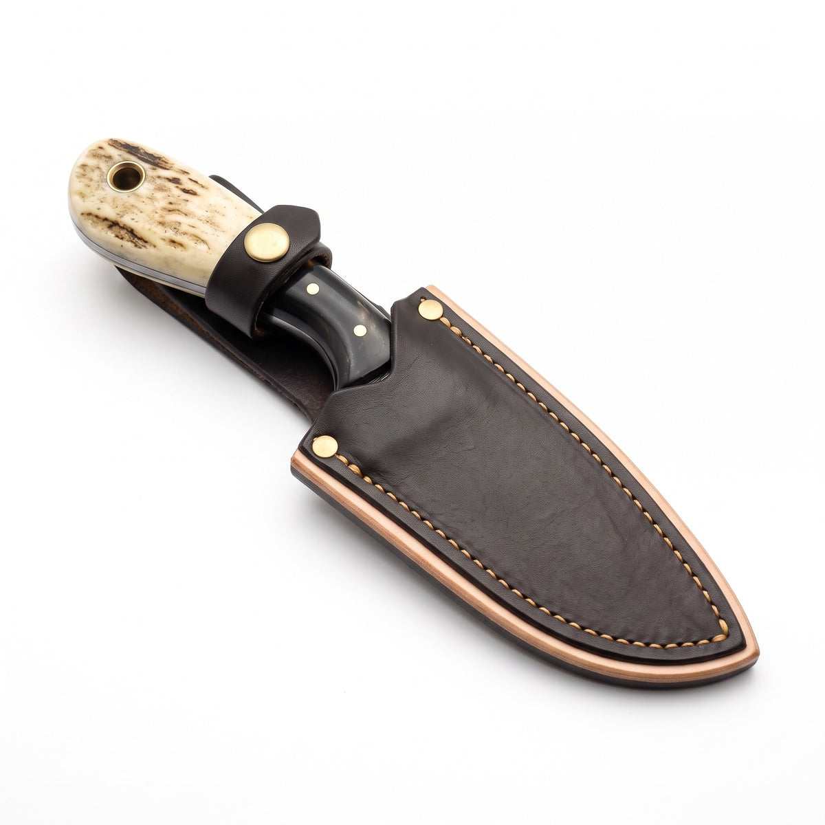 Trailhead 5.5" Damascus Neck Knife | Stag, seated in the Crownridge sheath