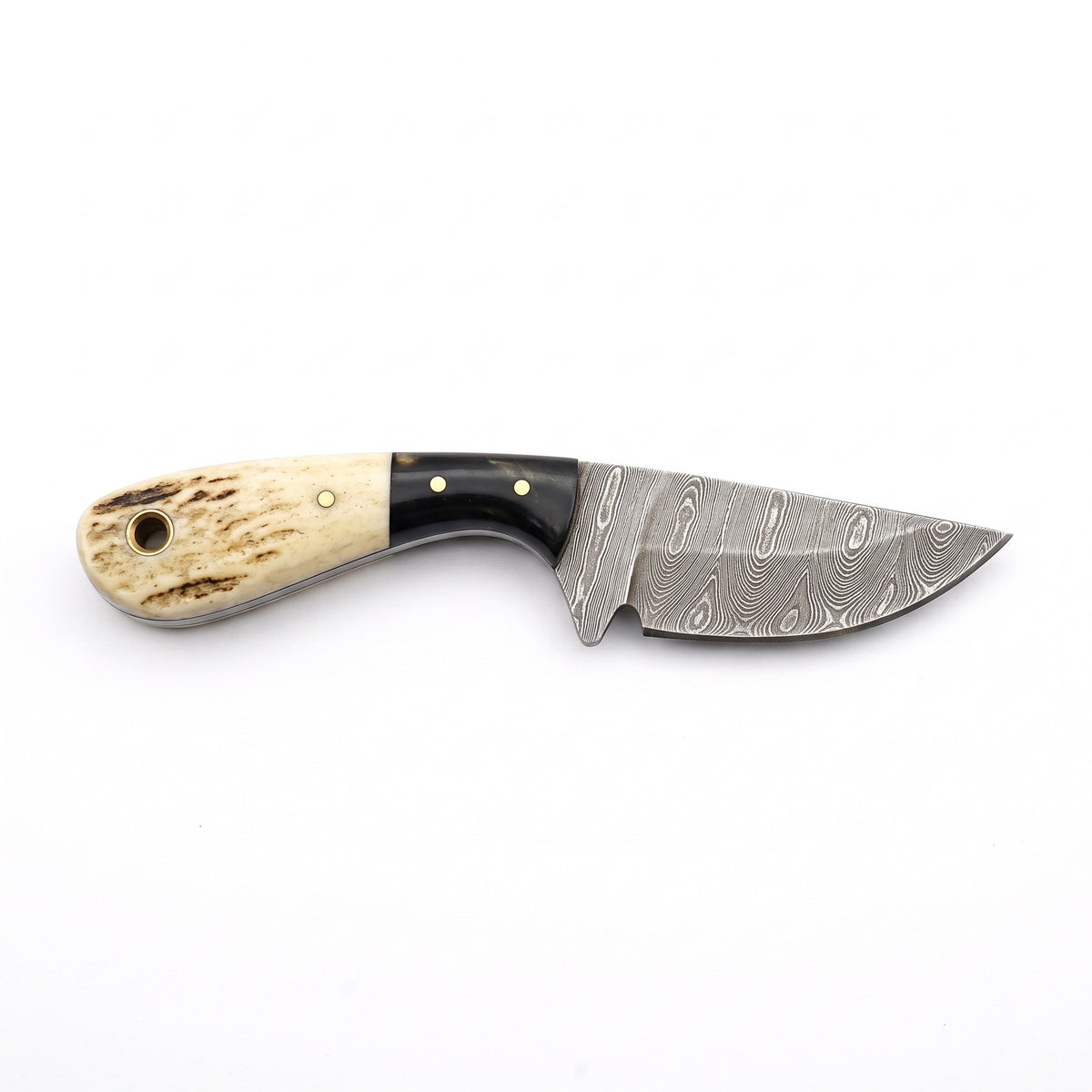 Trailhead 5.5" Damascus Neck Knife | Stag, side profile on white