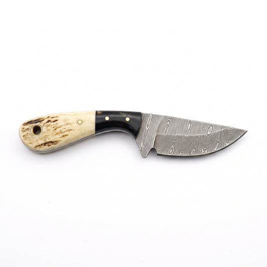 Trailhead 5.5" Damascus Neck Knife | Stag, side profile on white