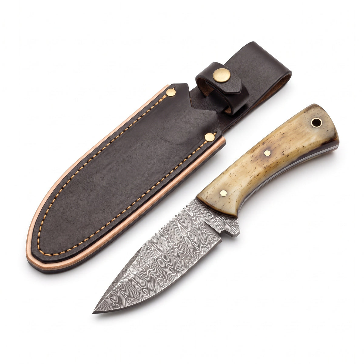 Trailhead 6.5" Damascus EDC Knife | Bone, three-quarter view with the Crownridge sheath