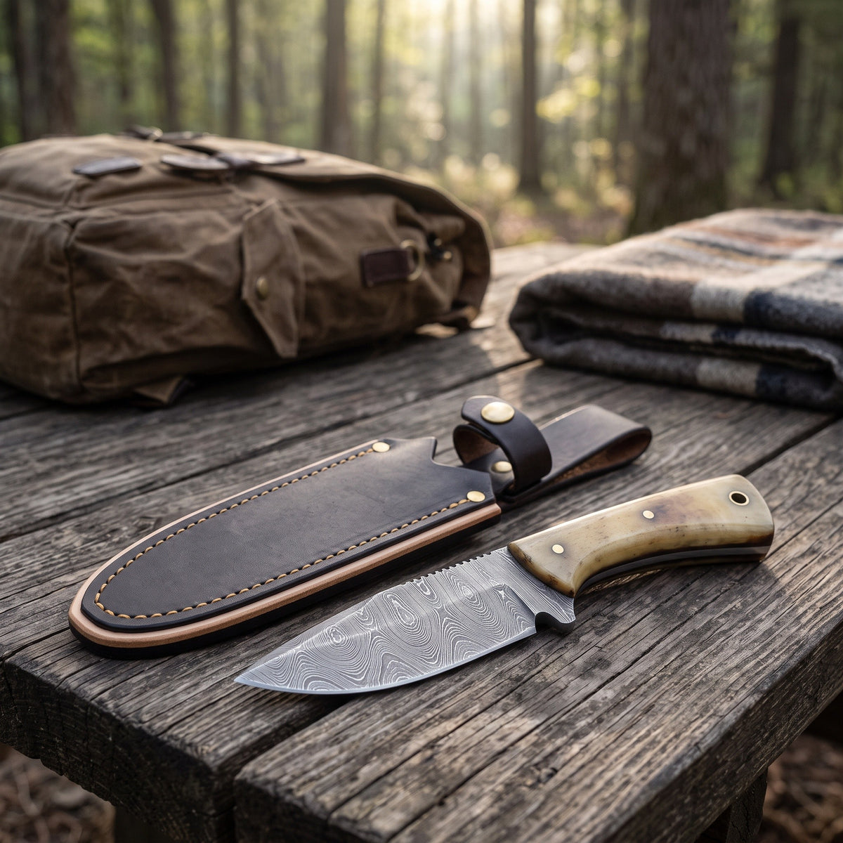 Trailhead 6.5" Damascus EDC Knife | Bone, with the Crownridge sheath in use