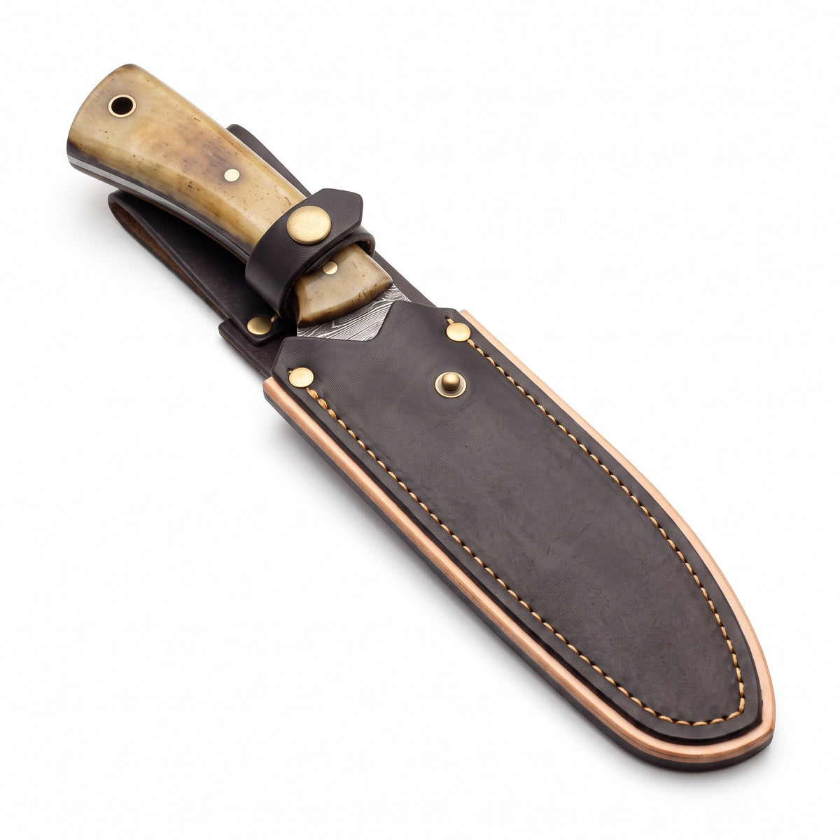 Trailhead 6.5" Damascus EDC Knife | Bone, seated in the Crownridge sheath