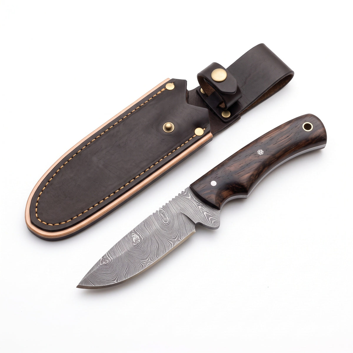 Trailhead 6.5" Damascus EDC Knife | Rosewood, three-quarter view with the Crownridge sheath