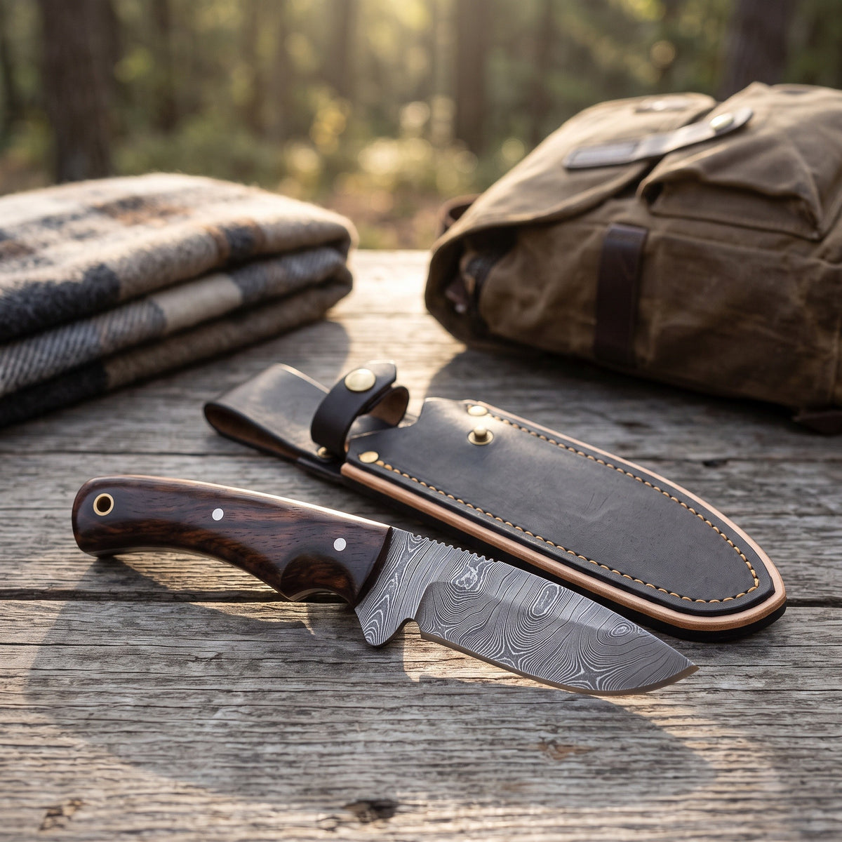Trailhead 6.5" Damascus EDC Knife | Rosewood, with the Crownridge sheath in use