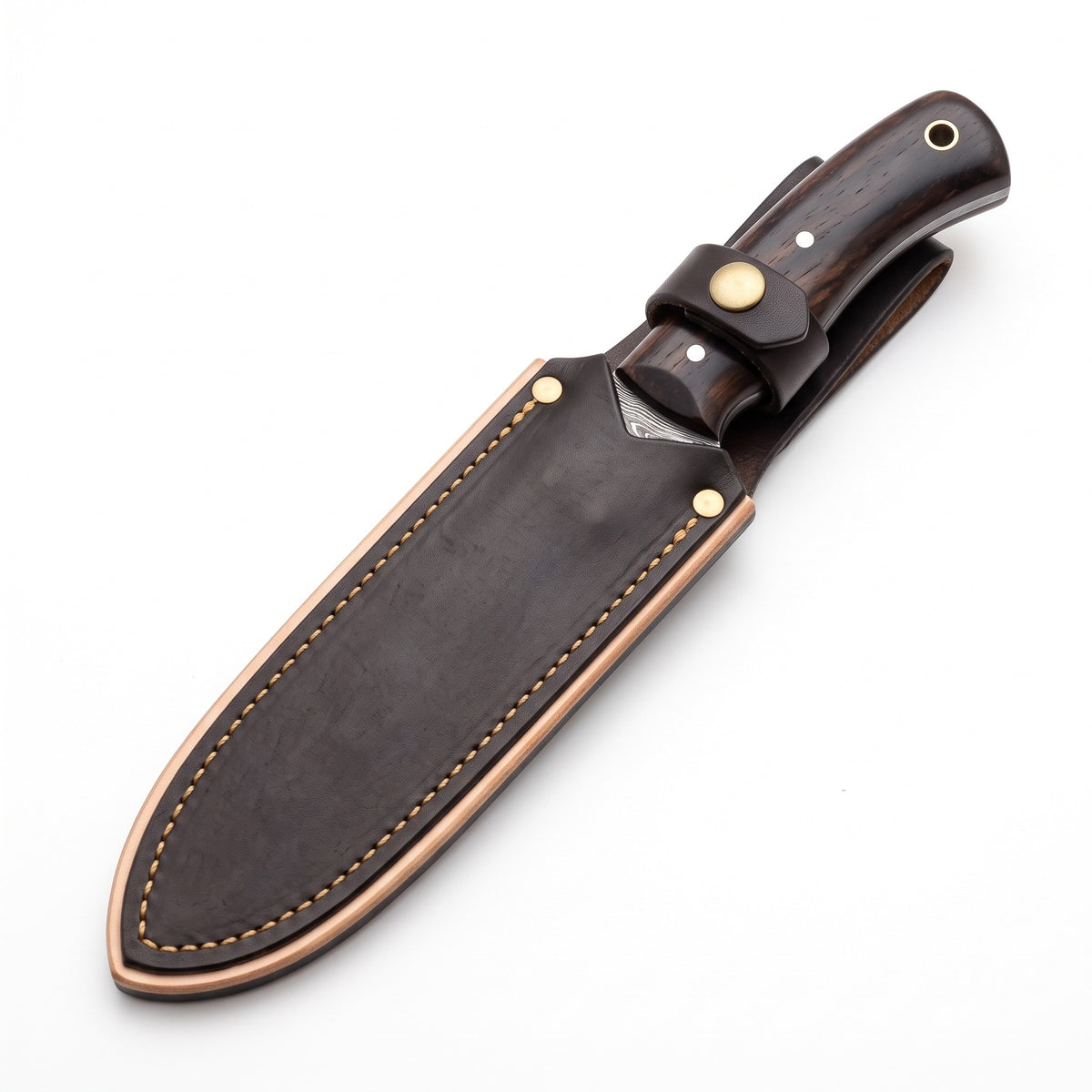 Trailhead 6.5" Damascus EDC Knife | Rosewood, seated in the Crownridge sheath