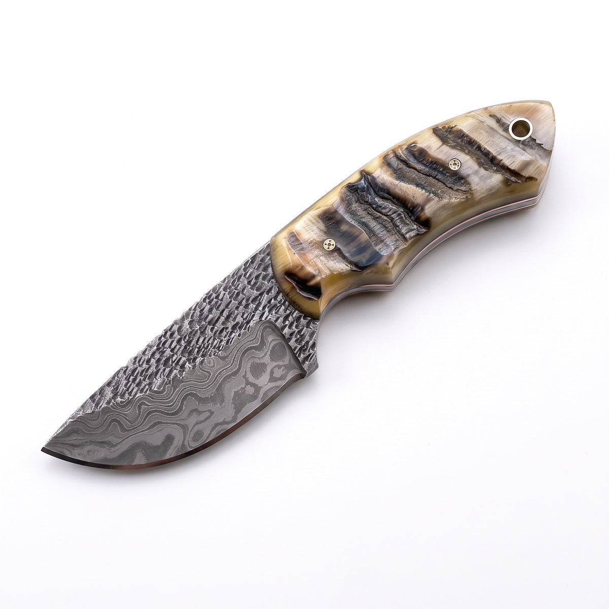 Trailhead 6" Damascus Skinning Knife | Sheep Horn, Damascus blade close-up