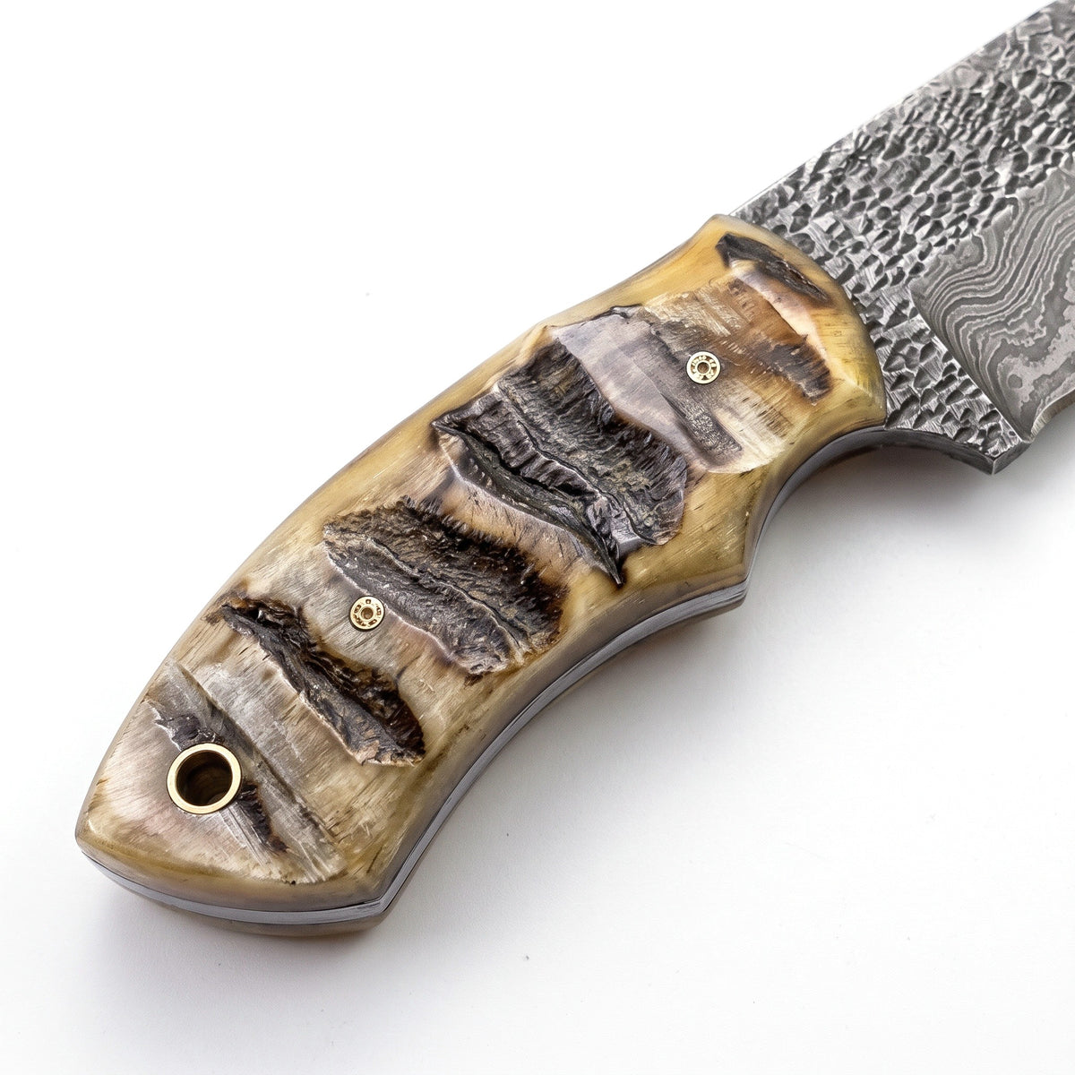 Trailhead 6" Damascus Skinning Knife | Sheep Horn, handle and fittings close-up