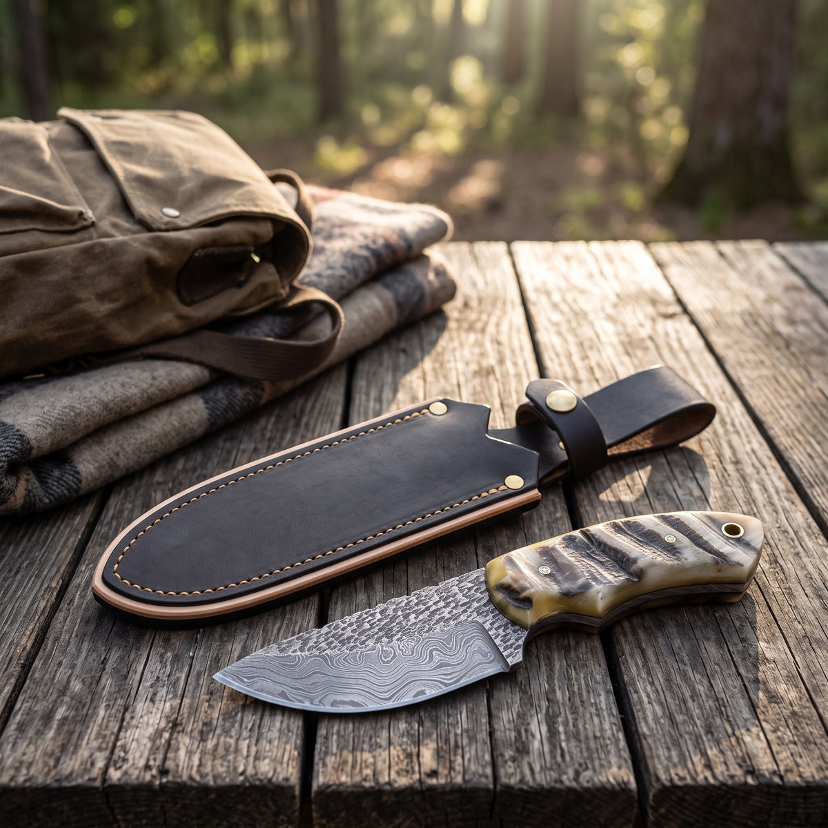 Trailhead 6" Damascus Skinning Knife | Sheep Horn, with the Crownridge sheath in use