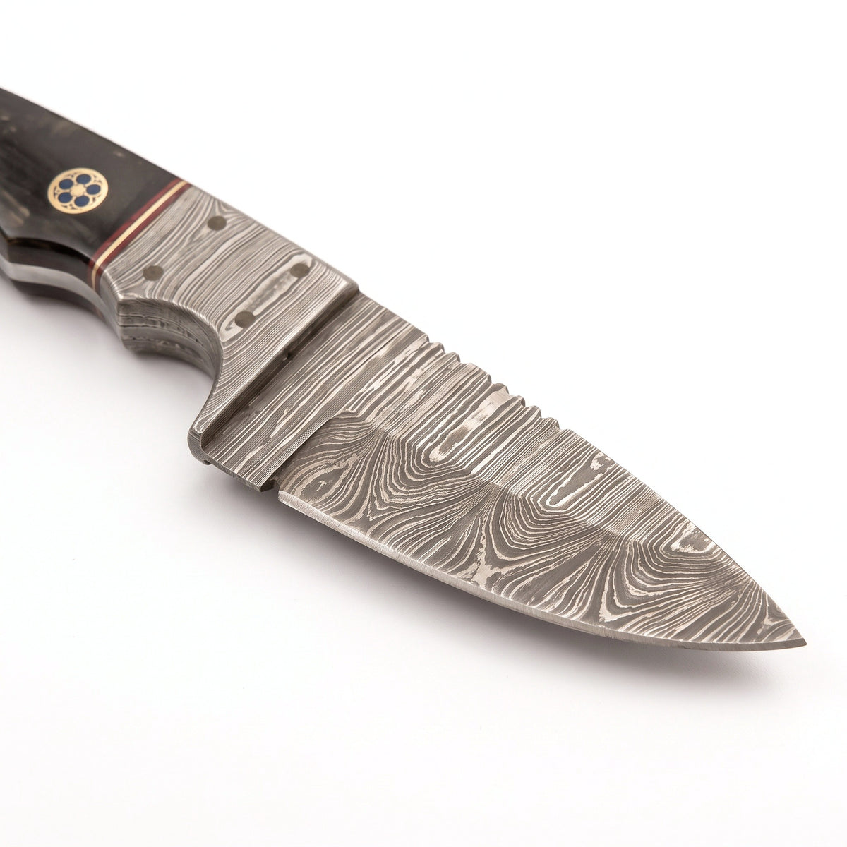 Trailhead 7.2" Damascus Skinning Knife | Buffalo Horn, Damascus blade close-up