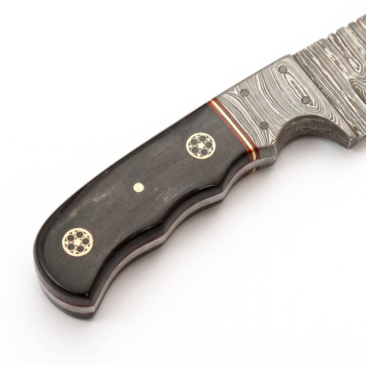 Trailhead 7.2" Damascus Skinning Knife | Buffalo Horn, handle and fittings close-up