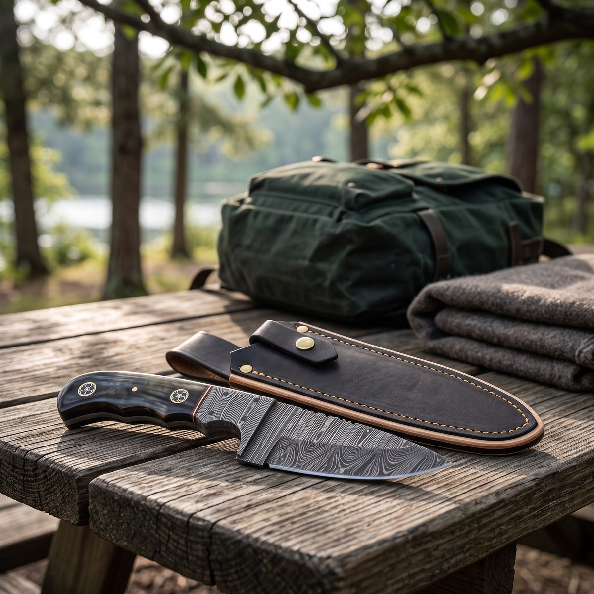 Trailhead 7.2" Damascus Skinning Knife | Buffalo Horn, with the Crownridge sheath in use