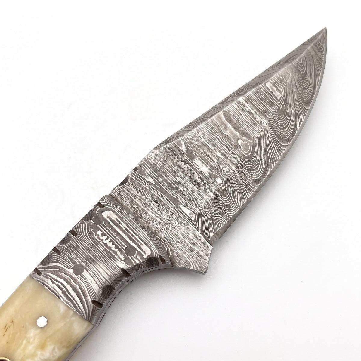 Trailhead 7.5" Damascus Skinning Knife | Bone, Damascus blade close-up